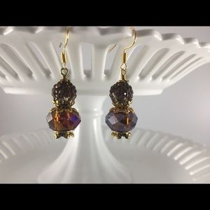 Handmade Earrings Amber Iridescent Gold Plated Glass New